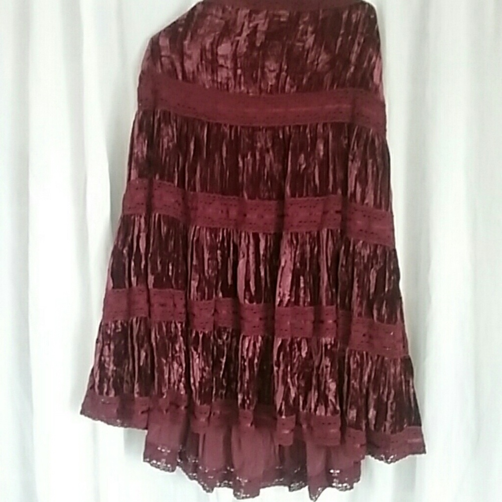 Zoe D.Burgondy velvet boho full length skirt